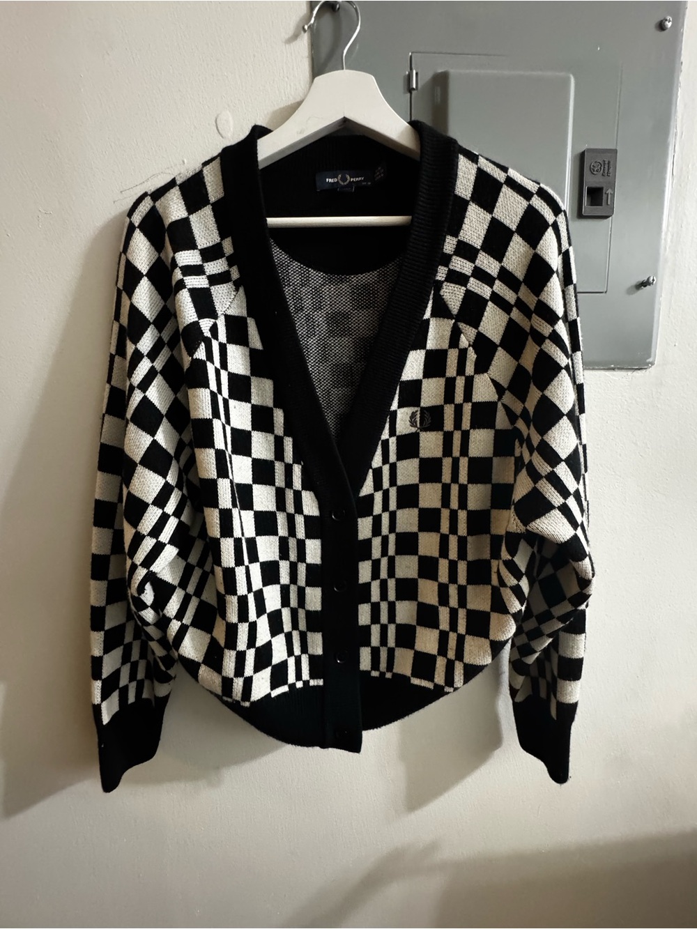 Fred Perry Black & White Checked V-Neck Cardigan